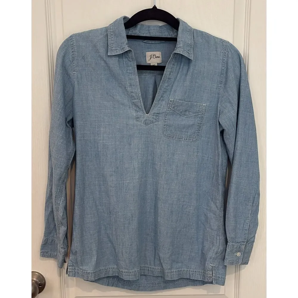 J.Crew Light Wash Chambray Denim Popover Tunic Shirt Top Sz XS